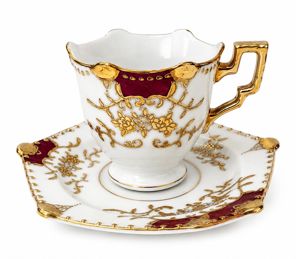 Vintage Uchagoshima Hand Painted Japan Teacup & Square Saucer Burgundy Gold Gilt